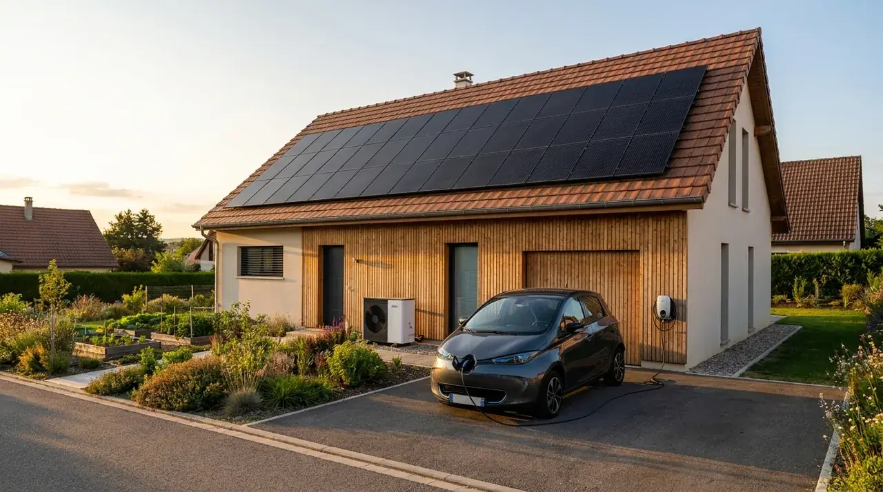 Maison alsacienne en autoconsommation avec panneaux solaires, voiture électrique et pompe à chaleur