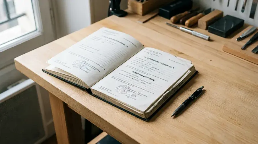 Documents officiels d'attestation Qualifelec posés sur un bureau d'artisan certifié RGE