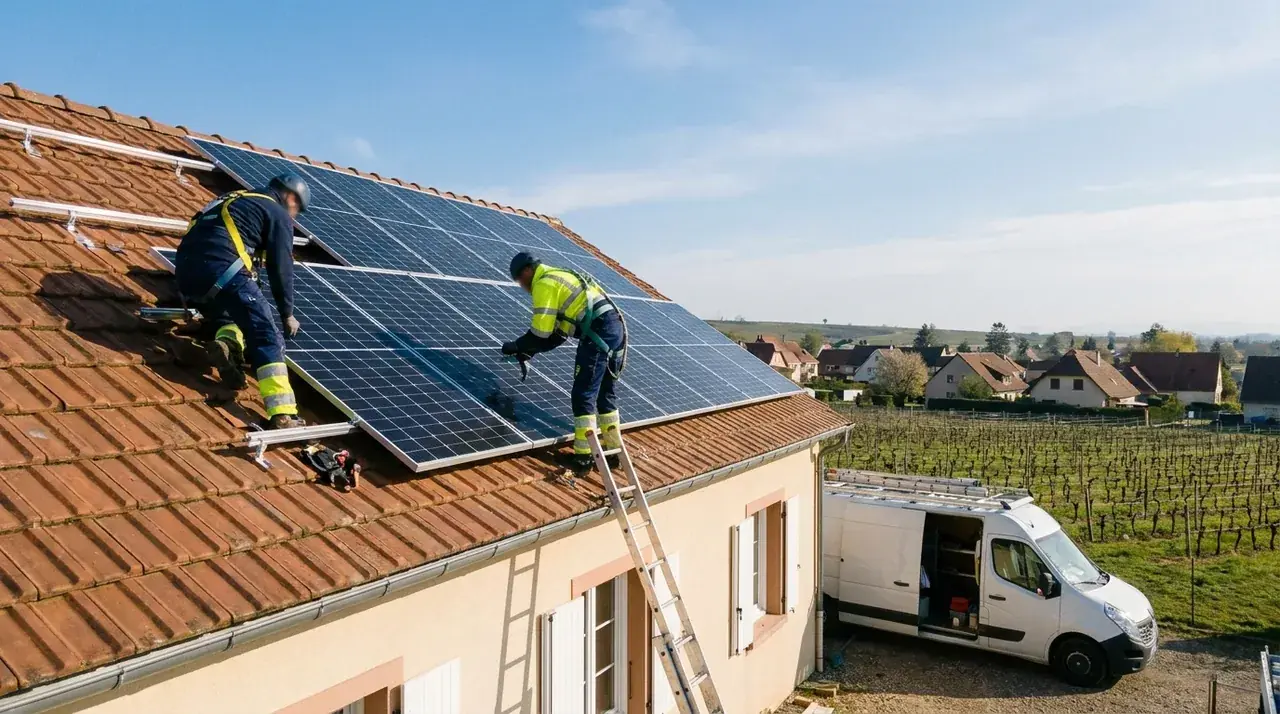 Équipe d'artisans RGE en train de poser une installation photovoltaïque sur un pavillon alsacien