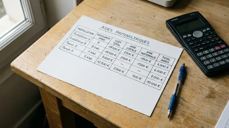 Calcul des aides photovoltaïques 2026 sur feuille de calcul avec calculatrice et stylo