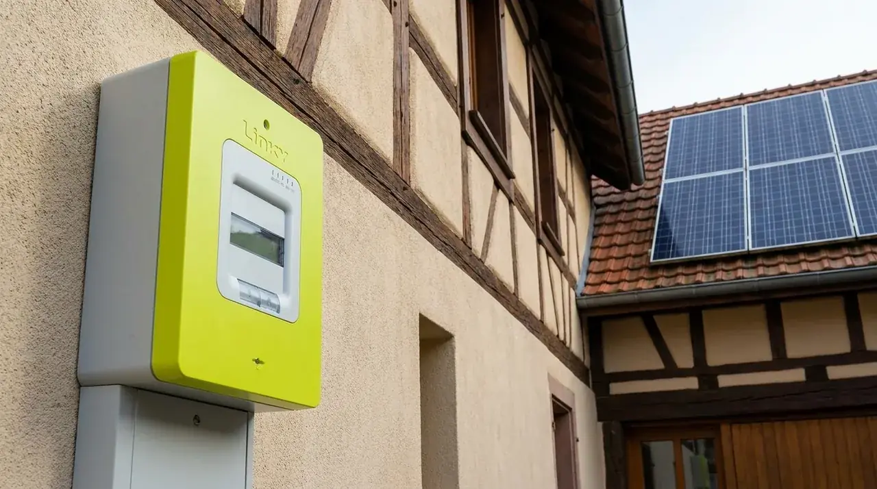 Compteur Linky moderne d'un pavillon alsacien équipé de panneaux solaires en autoconsommation