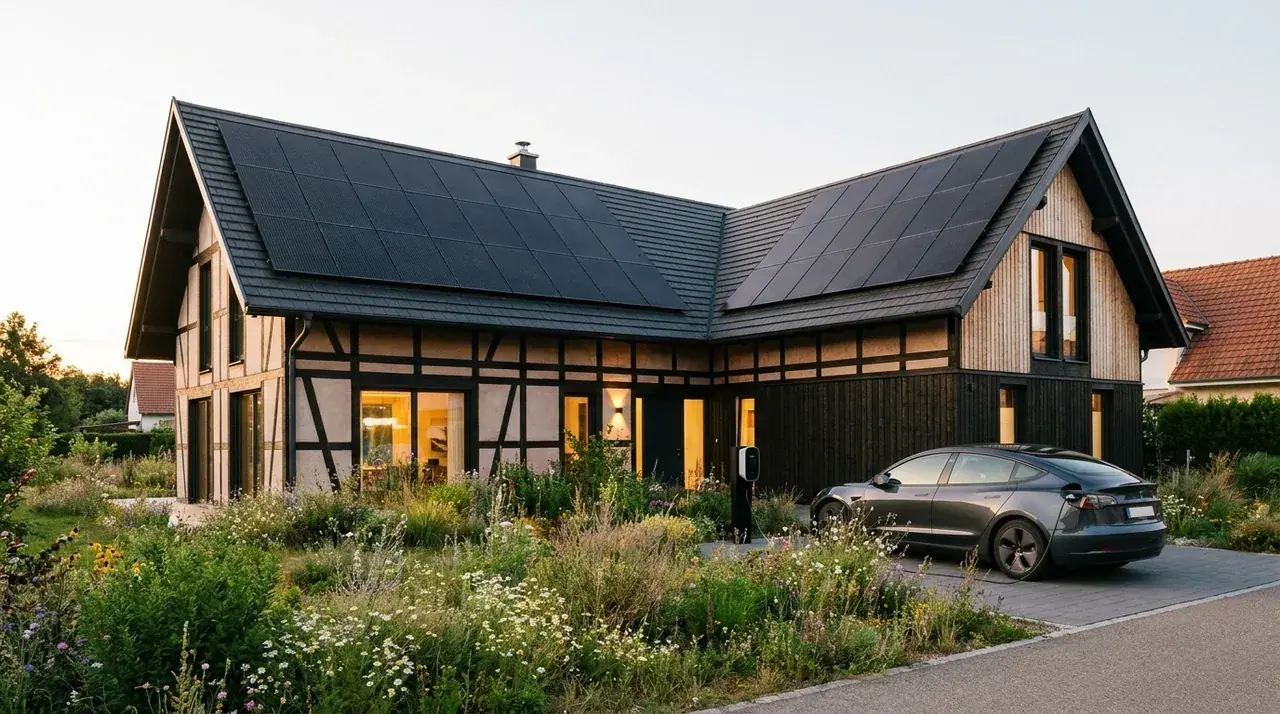 Maison alsacienne avec panneaux solaires et voiture électrique, illustrant la transition énergétique d'un foyer