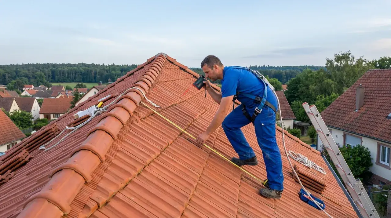 Artisan installateur RGE Qualifelec mesurant une toiture au télémètre laser