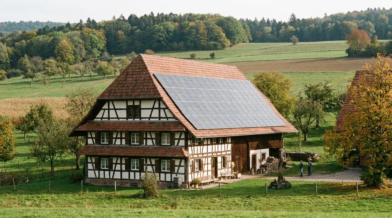 Ferme sundgauvienne à Altkirch avec toiture à 50° équipée de panneaux solaires