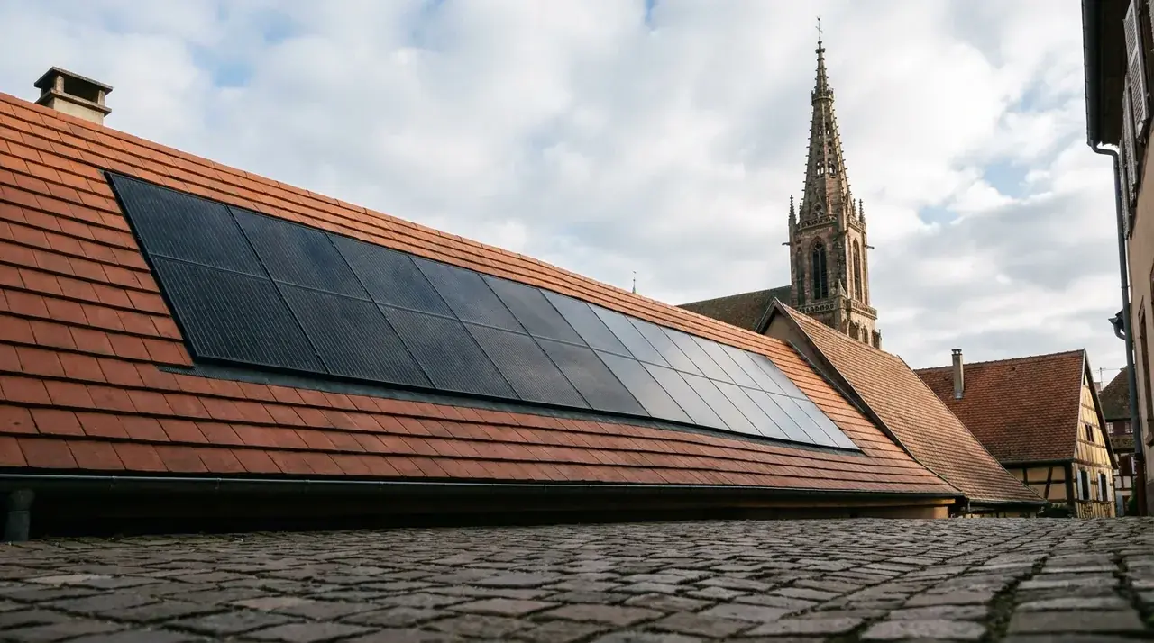 Toiture avec panneaux solaires noirs full-black intégrés dans le centre historique de Thann