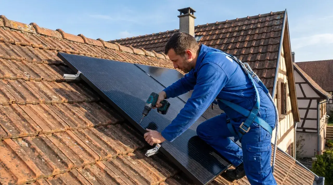Artisan installateur RGE Qualifelec posant des panneaux photovoltaïques sur un pavillon à Thann