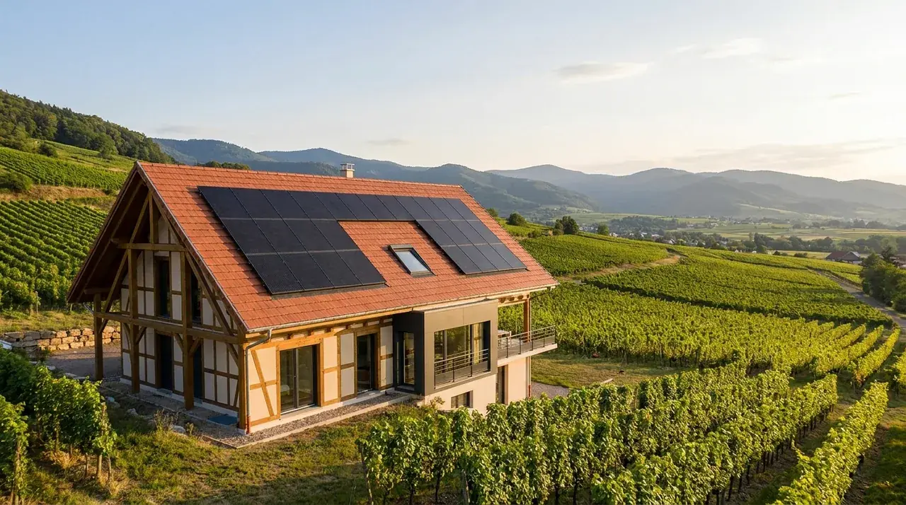 Maison équipée de panneaux solaires sur les coteaux du Rangen à Thann, vallée de la Thur en Alsace